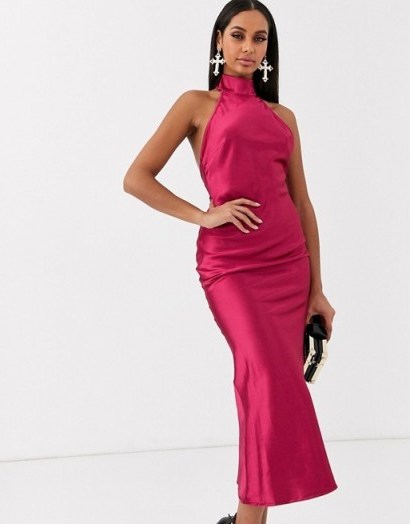 Koco & K high neck satin midaxi dress in fuschia | fuchsia-pink party dresses | evening glamour - flipped