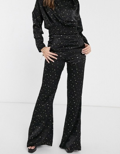 Koco & K high waist trouser co ord in black and gold star print | vintage look evening pants
