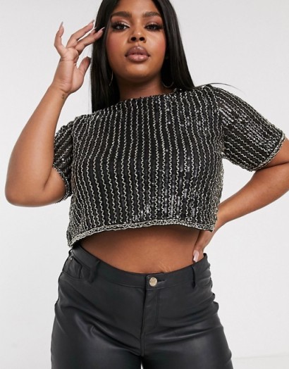 Lace & Beads Plus embellished crop top in black and gold | glitzy party tops