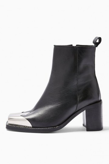 Topshop MARSHAL Western Leather Boots in Black | square metal toe-cap ankle boot - flipped
