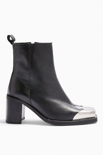 Topshop MARSHAL Western Leather Boots in Black | square metal toe-cap ankle boot