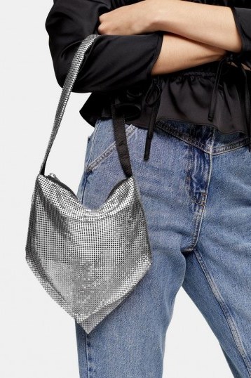 TOPSHOP MILLIE Mesh Shoulder Bag / small silver handbag - flipped