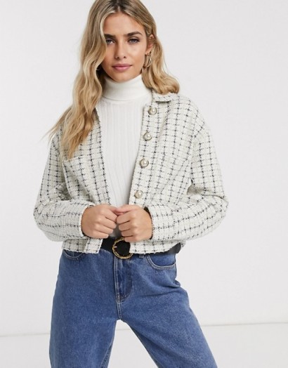 Miss Selfridge boucle blazer with faux pearl buttons in ivory / tweed jacket