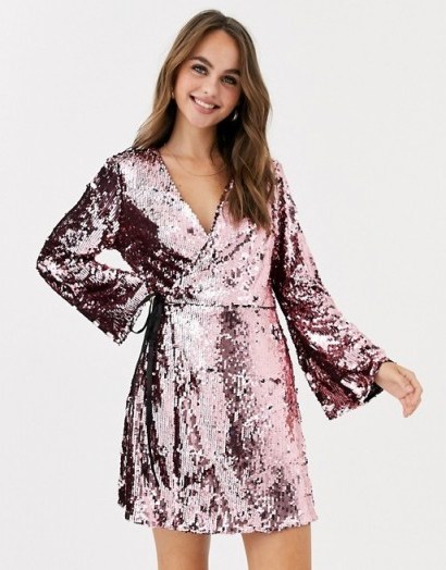Miss Selfridge sequin wrap mini dress in pink / sparkling party dresses - flipped