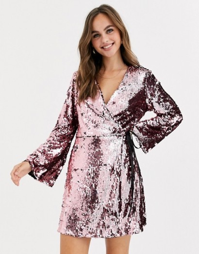 Miss Selfridge sequin wrap mini dress in pink / sparkling party dresses