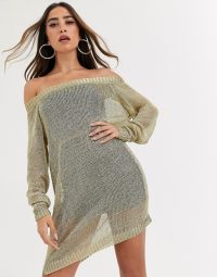 Missguided bardot knitted dress in gold ~ off shoulder knitwear
