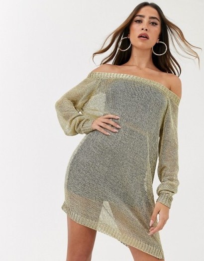 Missguided bardot knitted dress in gold ~ off shoulder knitwear - flipped