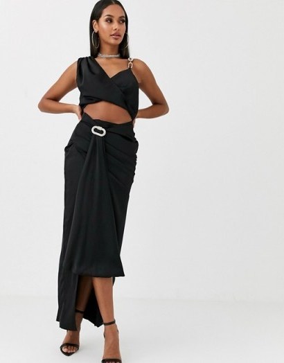 Missguided Peace and Love satin drape co-ord in black | glamorous evening outfit - flipped