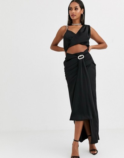 Missguided Peace and Love satin drape co-ord in black | glamorous evening outfit