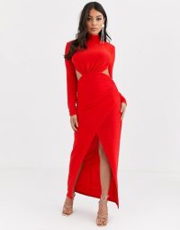 Missguided Petite high neck cut out wrap maxi dress in red sparkle | evening glamour | long glamorous occasion dresses