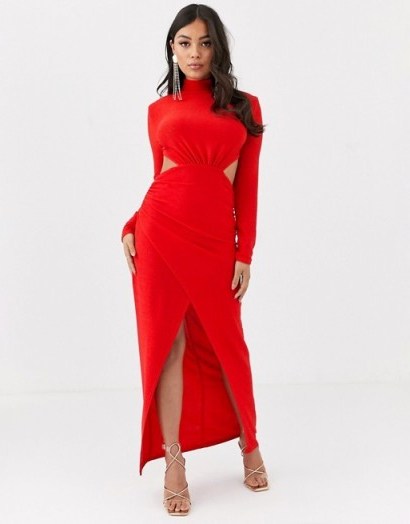 Missguided Petite high neck cut out wrap maxi dress in red sparkle | evening glamour | long glamorous occasion dresses - flipped