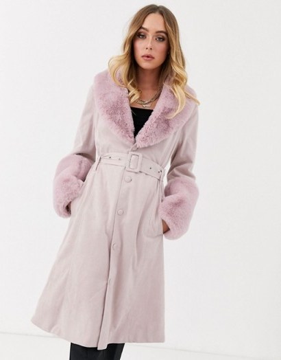Missguided suedette belted coat with faux fur trims in pink / luxe style winter coats - flipped