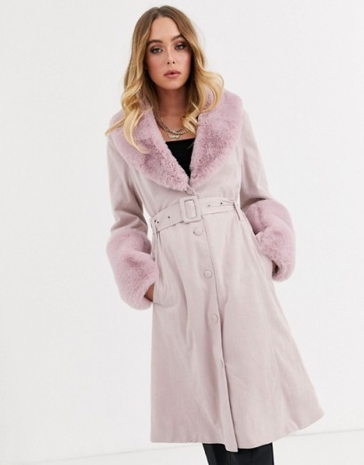 Missguided suedette belted coat with faux fur trims in pink / luxe style winter coats