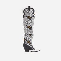 EGO Molly Embroidered Western Thigh High Long Boot In Grey Snake Print Faux Leather