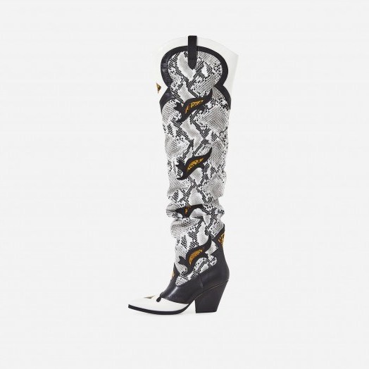 EGO Molly Embroidered Western Thigh High Long Boot In Grey Snake Print Faux Leather - flipped