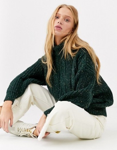 Monki oversized roll neck cable knit jumper in green | drop shoulder sweater - flipped
