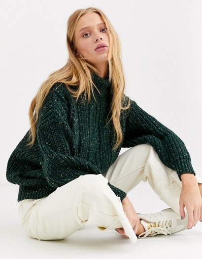 Monki oversized roll neck cable knit jumper in green | drop shoulder sweater