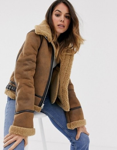Moon River faux shearling utility bomber jacket un Umber | warm winter jackets - flipped