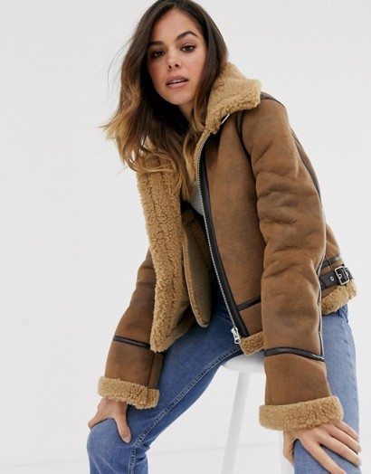 Moon River faux shearling utility bomber jacket un Umber | warm winter jackets