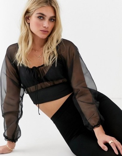 Motel crop top with tie front in organza black - flipped
