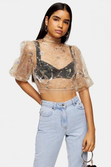 Topshop Mystical Embellished Top in nude – high neck, puff sleeved crop tops - flipped