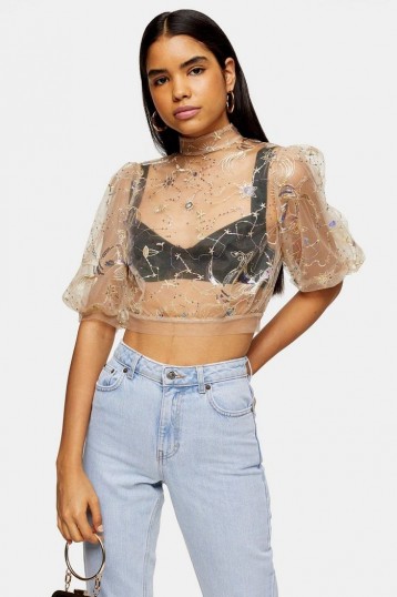 Topshop Mystical Embellished Top in nude – high neck, puff sleeved crop tops