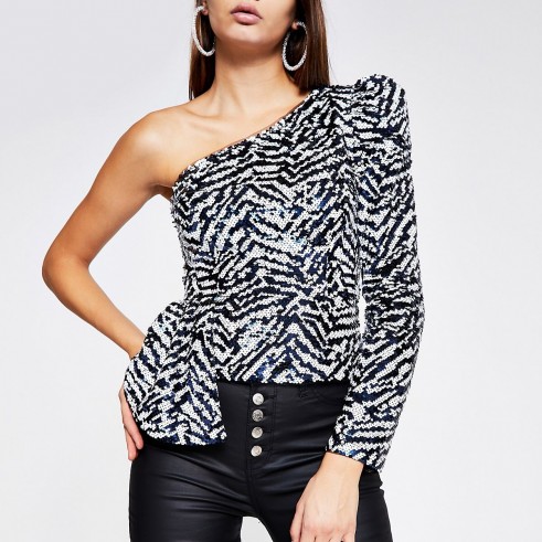 River Island Navy printed sequin one shoulder top | glamorous evening occasion tops