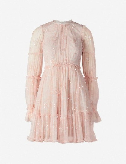 NEEDLE AND THREAD Anya ruffled embellished tulle mini dress in French rose ~ feminine event dresses - flipped