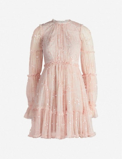 NEEDLE AND THREAD Anya ruffled embellished tulle mini dress in French rose ~ feminine event dresses