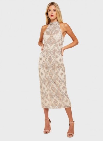 MISS SELFRIDGE Nude High Neck Midi Dress – going out glamour - flipped