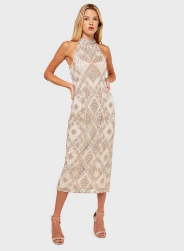 MISS SELFRIDGE Nude High Neck Midi Dress – going out glamour