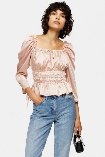 Topshop Nude Satin Ruched Prairie Blouse - flipped