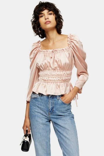Topshop Nude Satin Ruched Prairie Blouse