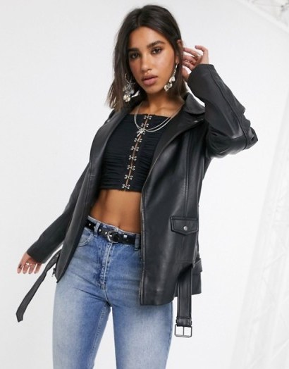 Object oversized longline leather jacket in black | biker style jackets - flipped