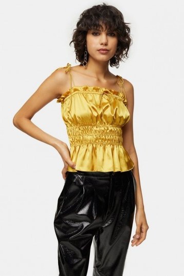Topshop Ochre Ruched Satin Cami – yellow smocked camisole - flipped