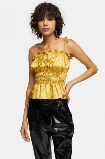 Topshop Ochre Ruched Satin Cami – yellow smocked camisole