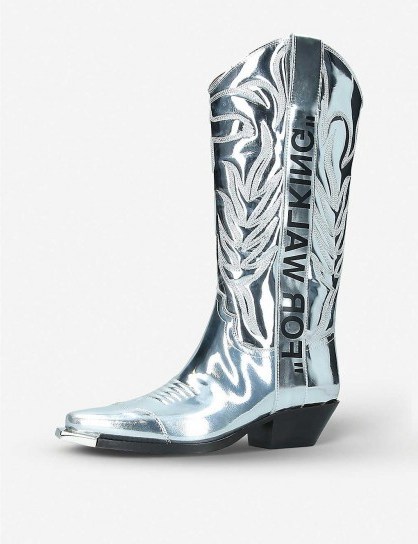 OFF-WHITE C/O VIRGIL ABLOH “FOR WALKING” metallic-leather heeled ankle boots in silver ~ designer western boots - flipped