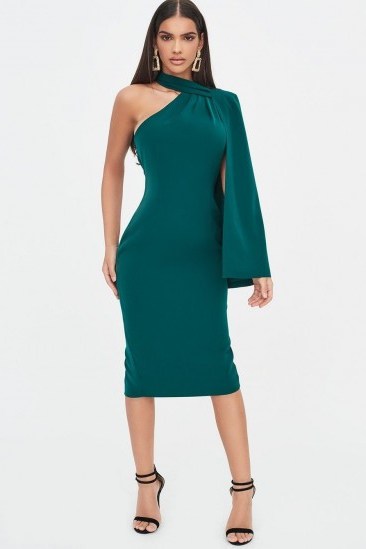 LAVISH ALICE one shoulder cape midi dress in emerald green – evening glamour - flipped