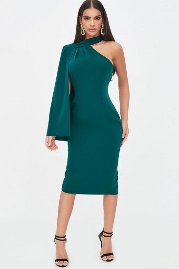 LAVISH ALICE one shoulder cape midi dress in emerald green – evening glamour