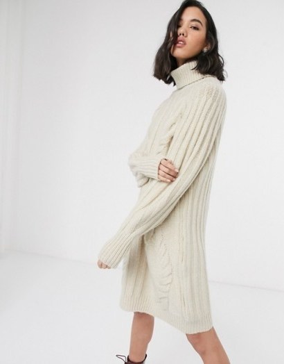 Only jumper dress with roll neck and cable detail in cream | neutral sweater dresses - flipped