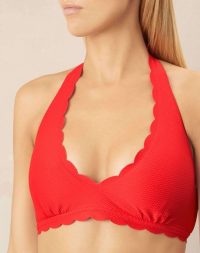 heidi klein Pampelonne Scallop Plunge D-G Top in red – halterneck scalloped-edge bikini tops