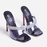 EGO Peggy Diamante Detail Square Peep Toe Heel Mule In Black Patent – embellished going out heels