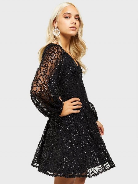 MISS SELFRIDGE Petite Black Sequin Skater Dress – sparkly fit and flare