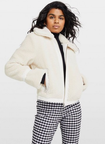 MISS SELFRIDGE PETITE Cream Teddy Bomber Coat – textured winter jacket