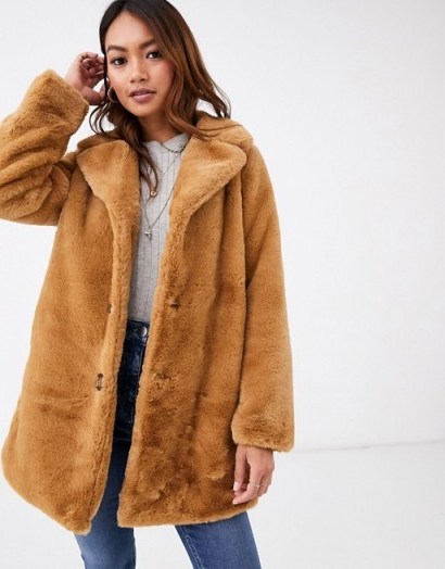 Pimkie faux fur longline coat in camel | fluffy light-brown coats - flipped