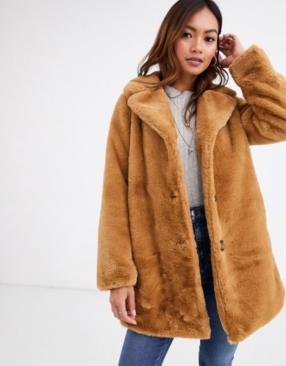 Pimkie faux fur longline coat in camel | fluffy light-brown coats