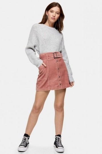 TOPSHOP Pink Corduroy Button Down Belted Mini - flipped
