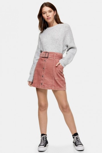 TOPSHOP Pink Corduroy Button Down Belted Mini