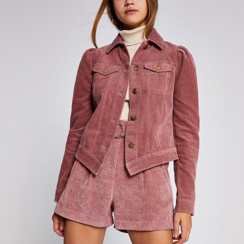 RIVER ISLAND Pink corduroy puff sleeve fitted jacket