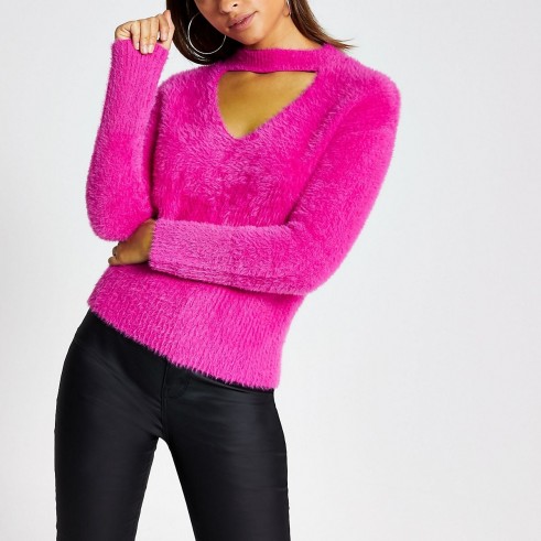 RIVER ISLAND Pink cut out long sleeve fluffy jumper – bright sweaters
